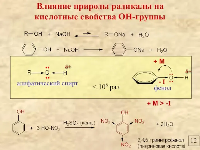 12 Влияние природы радикалы на кислотные свойства ОН-группы фенол алифатический спирт