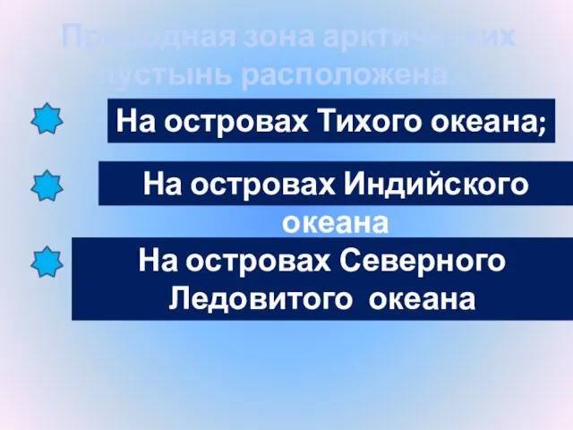 Природная зона арктических пустынь расположена… На островах Тихого океана; На островах