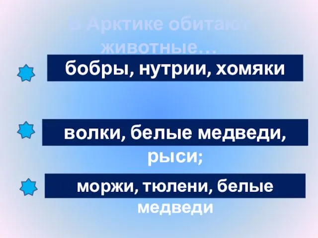 В Арктике обитают животные… бобры, нутрии, хомяки волки, белые медведи, рыси; моржи, тюлени, белые медведи