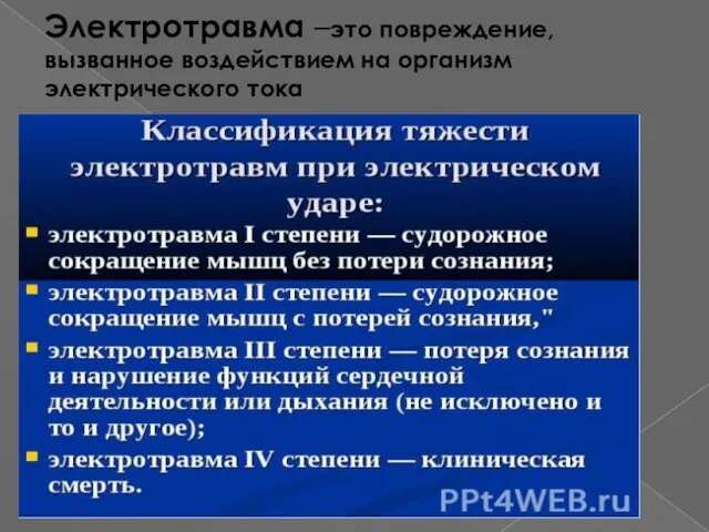 Электротравма –это повреждение, вызванное воздействием на организм электрического тока