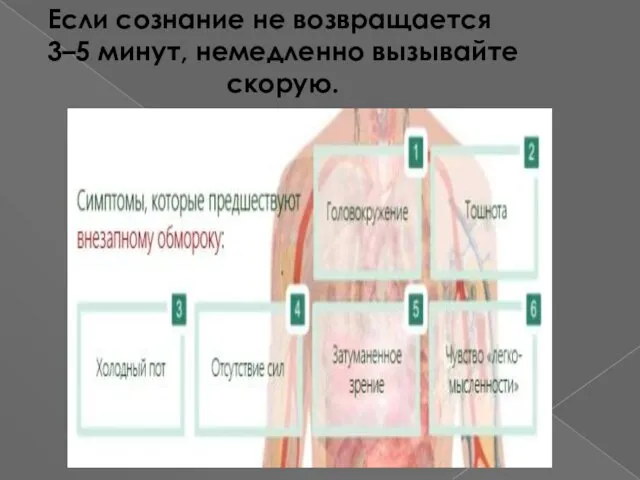 Если сознание не возвращается 3–5 минут, немедленно вызывайте скорую.