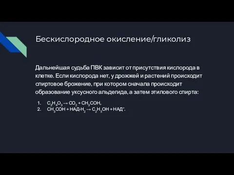 Бескислородное окисление/гликолиз Дальнейшая судьба ПВК зависит от присутствия кислорода в клетке.