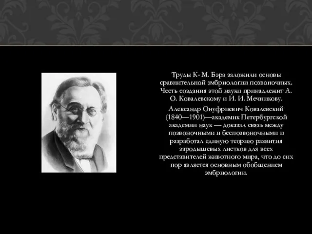 Труды К- М. Бэра заложили основы сравнительной эмбриологии позвоночных. Честь создания