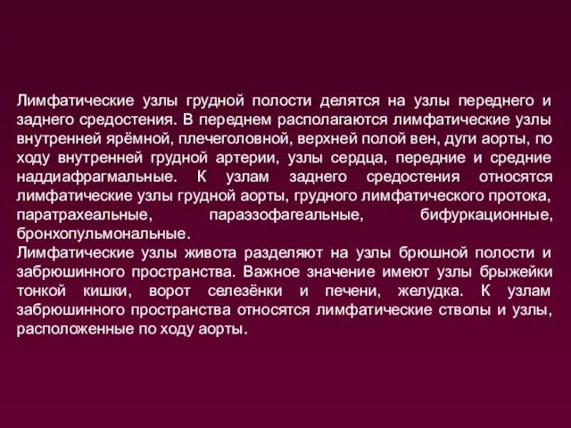 Лимфатические узлы грудной полости делятся на узлы переднего и заднего средостения.