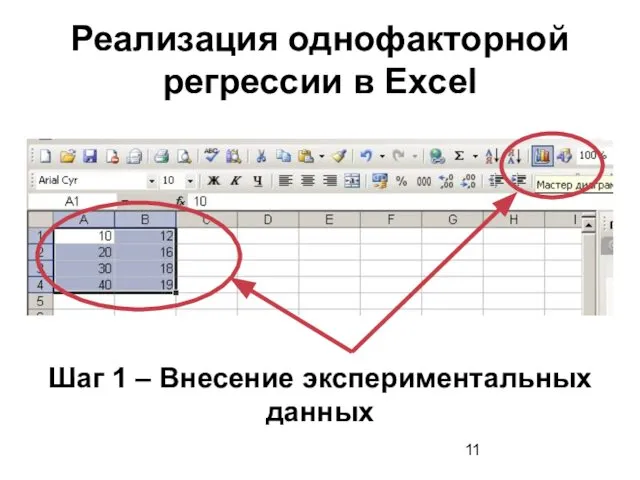 Реализация однофакторной регрессии в Excel Шаг 1 – Внесение экспериментальных данных