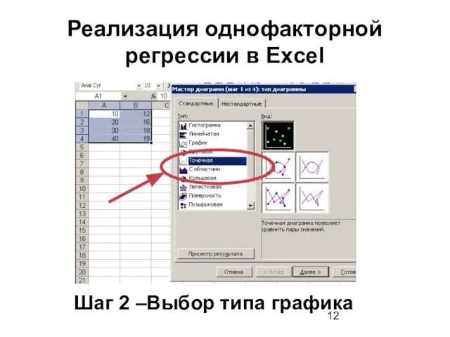 Реализация однофакторной регрессии в Excel Шаг 2 –Выбор типа графика