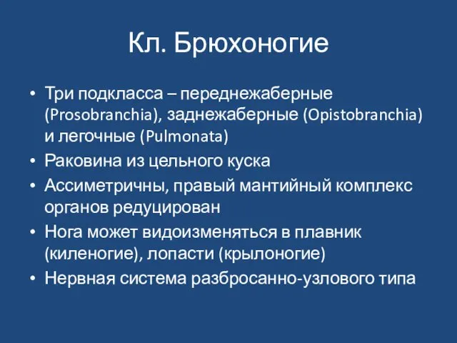 Кл. Брюхоногие Три подкласса – переднежаберные (Prosobranchia), заднежаберные (Opistobranchia) и легочные