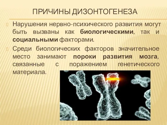 ПРИЧИНЫ ДИЗОНТОГЕНЕЗА Нарушения нервно-психического развития могут быть вызваны как биологическими, так