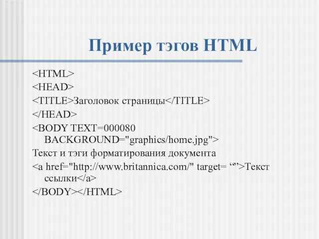 Пример тэгов HTML Заголовок страницы Текст и тэги форматирования документа Текст ссылки