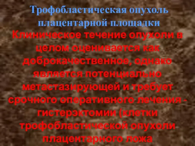 Трофобластическая опухоль плацентарной площадки Клиническое течение опухоли в целом оценивается как