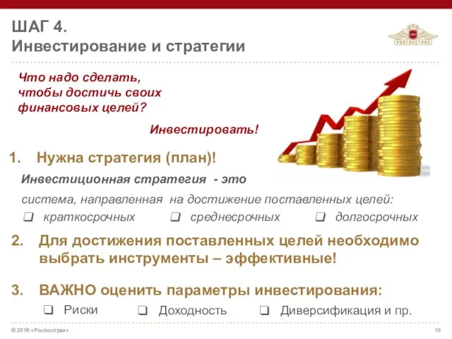 ШАГ 4. Инвестирование и стратегии © 2016 «Росгосстрах» Нужна стратегия (план)!