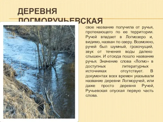 ДЕРЕВНЯ ЛОГМОРУЧЬЕВСКАЯ свое название получила от ручья, протекающего по ее территории.