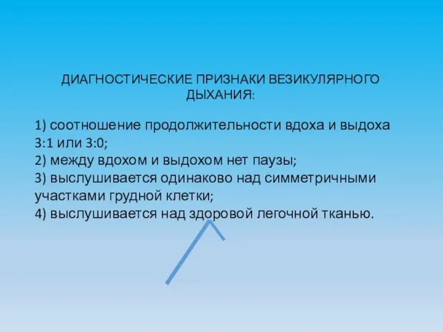 ДИАГНОСТИЧЕСКИЕ ПРИЗНАКИ ВЕЗИКУЛЯРНОГО ДЫХАНИЯ: 1) соотношение продолжительности вдоха и выдоха 3:1