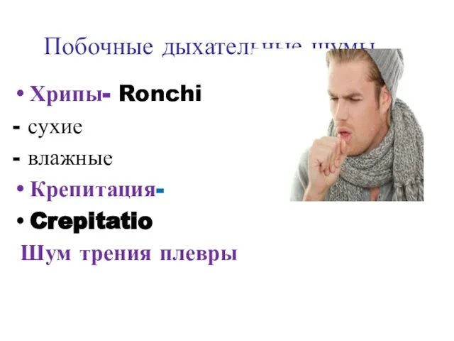 Побочные дыхательные шумы Хрипы- Ronchi - сухие - влажные Крепитация- Crepitatio Шум трения плевры