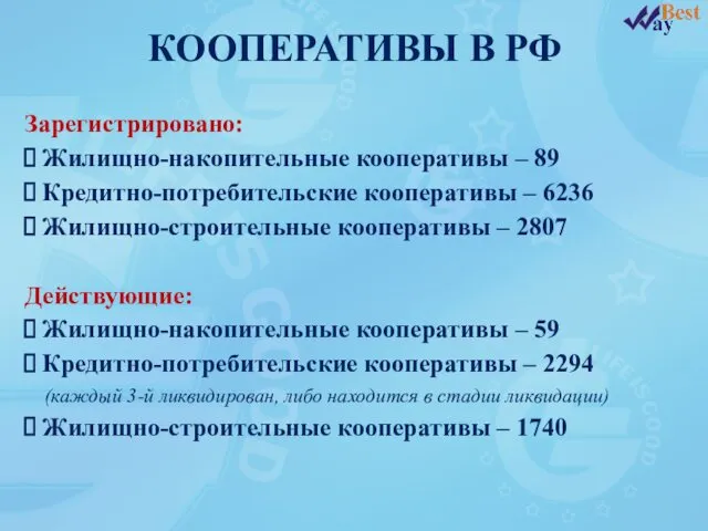 КООПЕРАТИВЫ В РФ Зарегистрировано: Жилищно-накопительные кооперативы – 89 Кредитно-потребительские кооперативы –