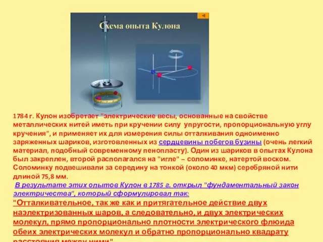 1784 г. Кулон изобретает "электрические весы, основанные на свойстве металлических нитей