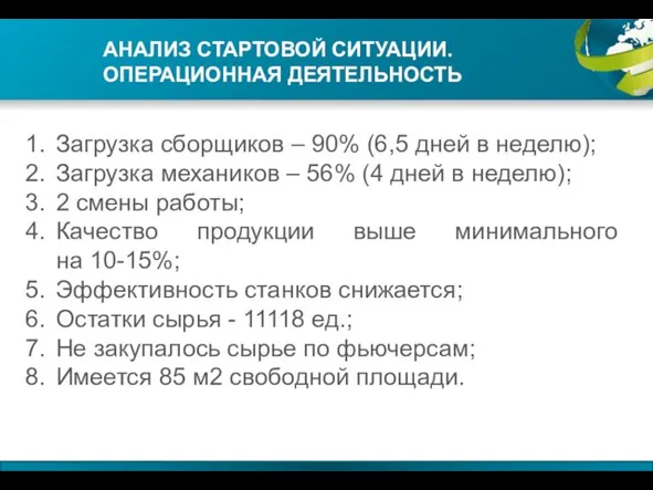 АНАЛИЗ СТАРТОВОЙ СИТУАЦИИ. ОПЕРАЦИОННАЯ ДЕЯТЕЛЬНОСТЬ Загрузка сборщиков – 90% (6,5 дней