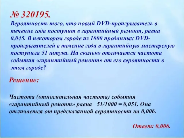 № 320195. Вероятность того, что новый DVD-проигрыватель в течение года поступит