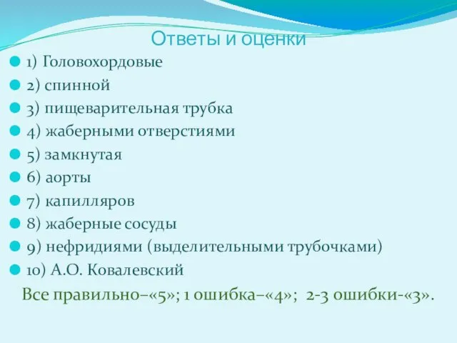 Ответы и оценки 1) Головохордовые 2) спинной 3) пищеварительная трубка 4)