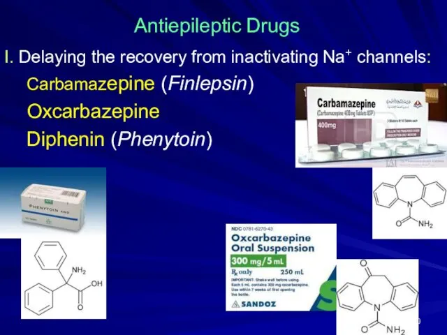 Antiepileptic Drugs I. Delaying the recovery from inactivating Na+ channels: Carbamazepine (Finlepsin) Oxcarbazepine Diphenin (Phenytoin)
