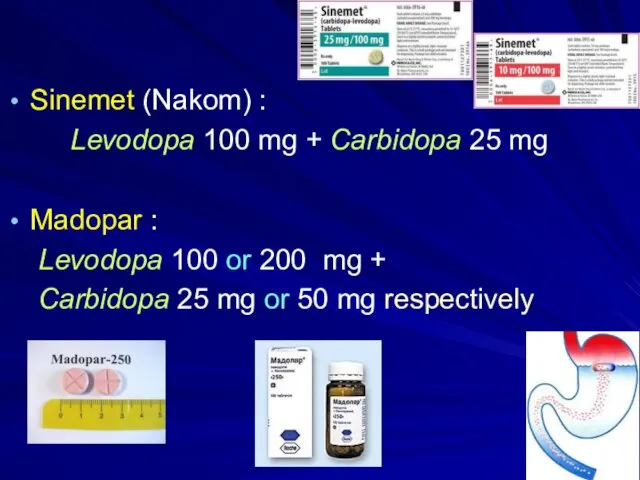 Sinemet (Nakom) : Levodopa 100 mg + Carbidopa 25 mg Madopar
