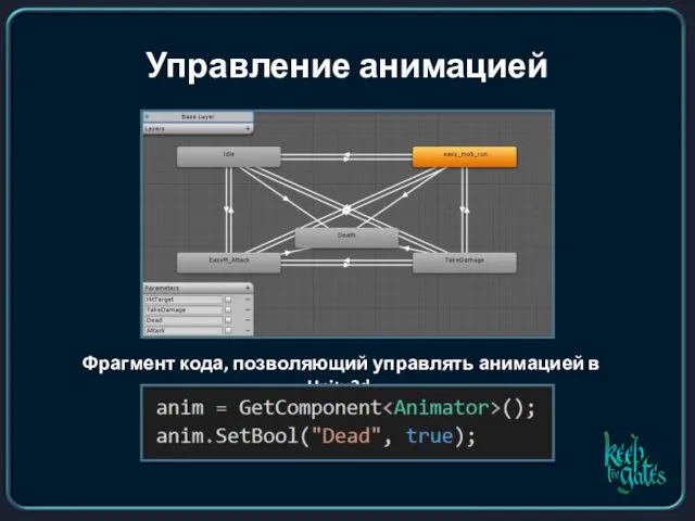 Управление анимацией Фрагмент кода, позволяющий управлять анимацией в Unity3d: