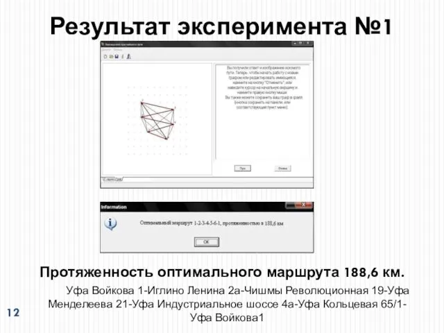 Результат эксперимента №1 Протяженность оптимального маршрута 188,6 км. Уфа Войкова 1-Иглино