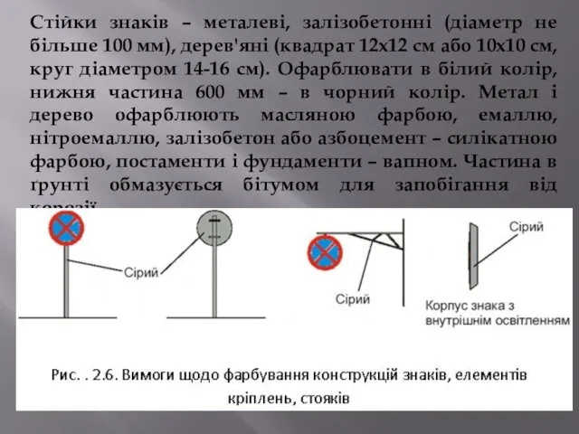 Стійки знаків – металеві, залізобетонні (діаметр не більше 100 мм), дерев'яні