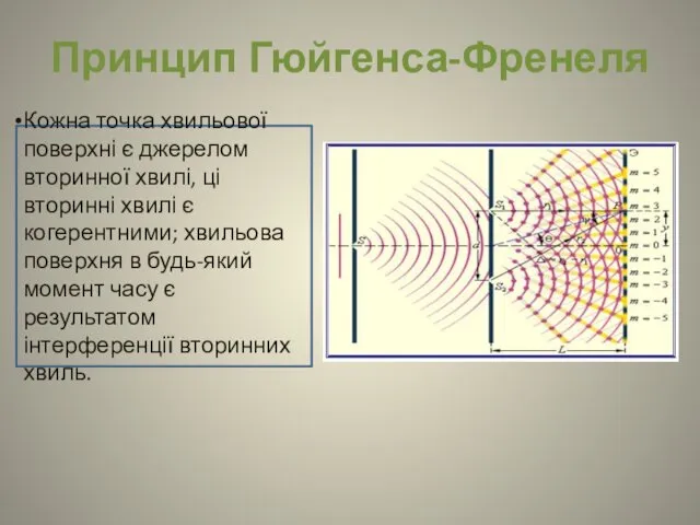 Принцип Гюйгенса-Френеля Кожна точка хвильової поверхні є джерелом вторинної хвилі, ці