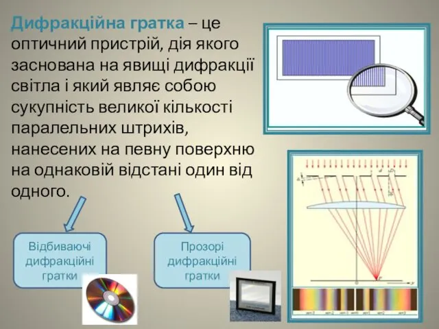 Дифракційна гратка – це оптичний пристрій, дія якого заснована на явищі