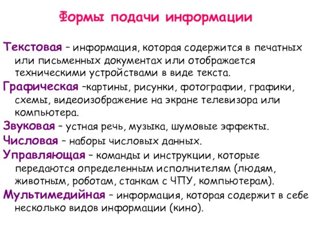 Формы подачи информации Текстовая – информация, которая содержится в печатных или