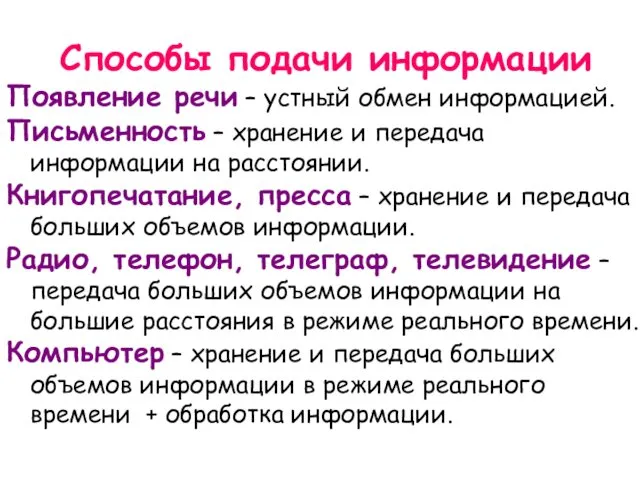 Способы подачи информации Появление речи – устный обмен информацией. Письменность –