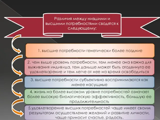 1. высшие потребности генетически более поздние 2. чем выше уровень потребности,