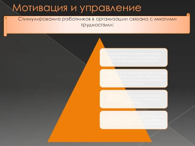 Мотивация и управление Стимулирование работников в организации связано с многими трудностями: