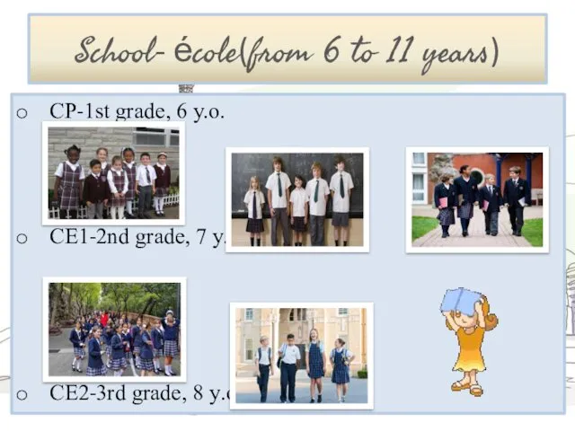 School- école(from 6 to 11 years) CP-1st grade, 6 y.o. CE1-2nd