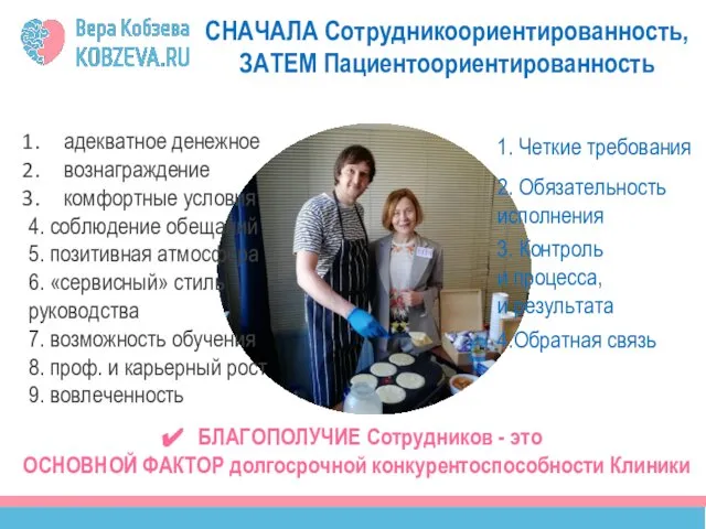 СНАЧАЛА Сотрудникоориентированность, ЗАТЕМ Пациентоориентированность адекватное денежное вознаграждение комфортные условия 4. соблюдение