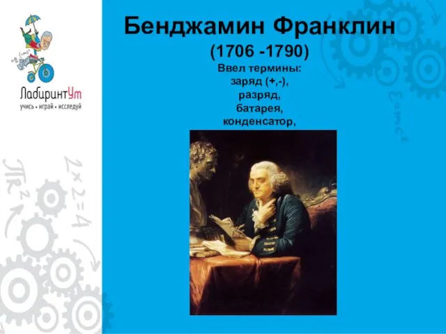 Бенджамин Франклин (1706 -1790) Ввел термины: заряд (+,-), разряд, батарея, конденсатор, проводник