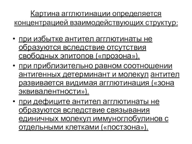 Картина агглютинации определяется концентрацией взаимодействующих структур: при избытке антител агглютинаты не