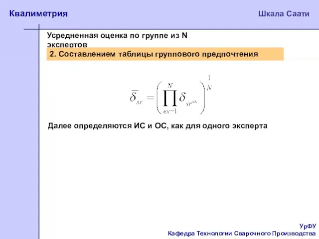 УрФУ Кафедра Технологии Сварочного Производства Квалиметрия Шкала Саати Усредненная оценка по