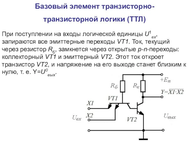 Базовый элемент транзисторно-транзисторной логики (ТТЛ) При поступлении на входы логической единицы