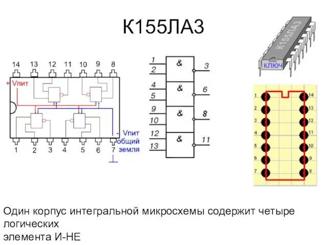 К155ЛА3 Один корпус интегральной микросхемы содержит четыре логических элемента И-НЕ
