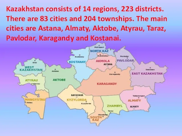 Kazakhstan consists of 14 regions, 223 districts. There are 83 cities