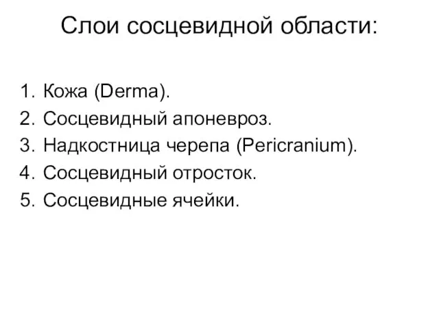 Слои сосцевидной области: Кожа (Derma). Cосцевидный апоневроз. Надкостница черепа (Pericranium). Сосцевидный отросток. Сосцевидные ячейки.