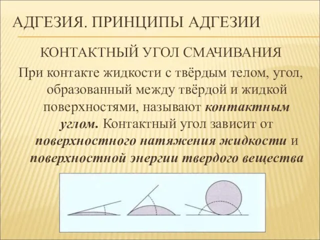 АДГЕЗИЯ. ПРИНЦИПЫ АДГЕЗИИ КОНТАКТНЫЙ УГОЛ СМАЧИВАНИЯ При контакте жидкости с твёрдым