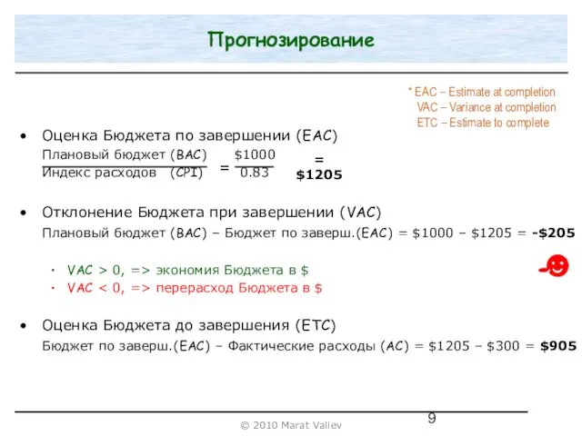 = = $1205 Прогнозирование * EAC – Estimate at completion VAC