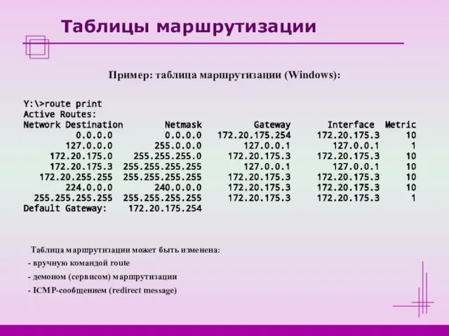 Таблицы маршрутизации Пример: таблица маршрутизации (Windows): Y:\>route print Active Routes: Network