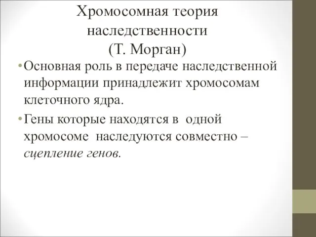 Хромосомная теория наследственности (Т. Морган) Основная роль в передаче наследственной информации