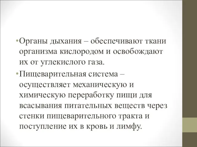 Органы дыхания – обеспечивают ткани организма кислородом и освобождают их от