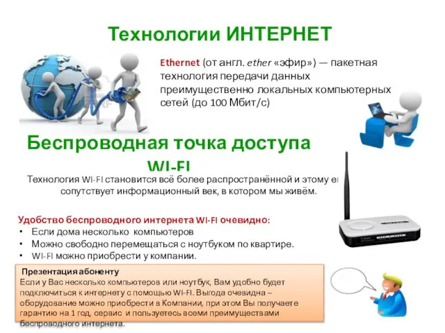 Технологии ИНТЕРНЕТ Беспроводная точка доступа WI-FI Презентация абоненту Если у Вас