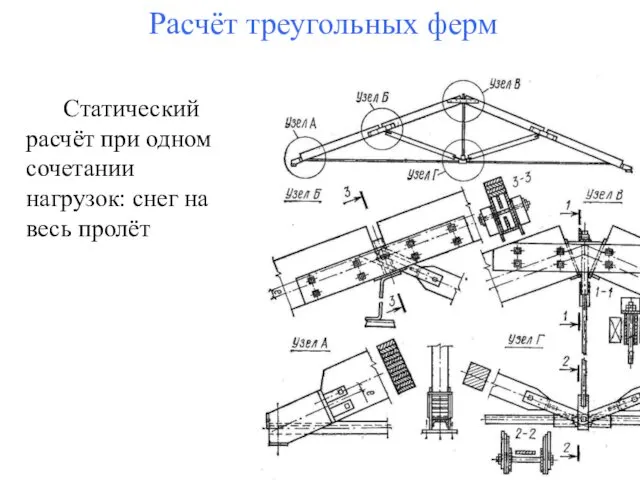 Расчёт треугольных ферм Статический расчёт при одном сочетании нагрузок: снег на весь пролёт